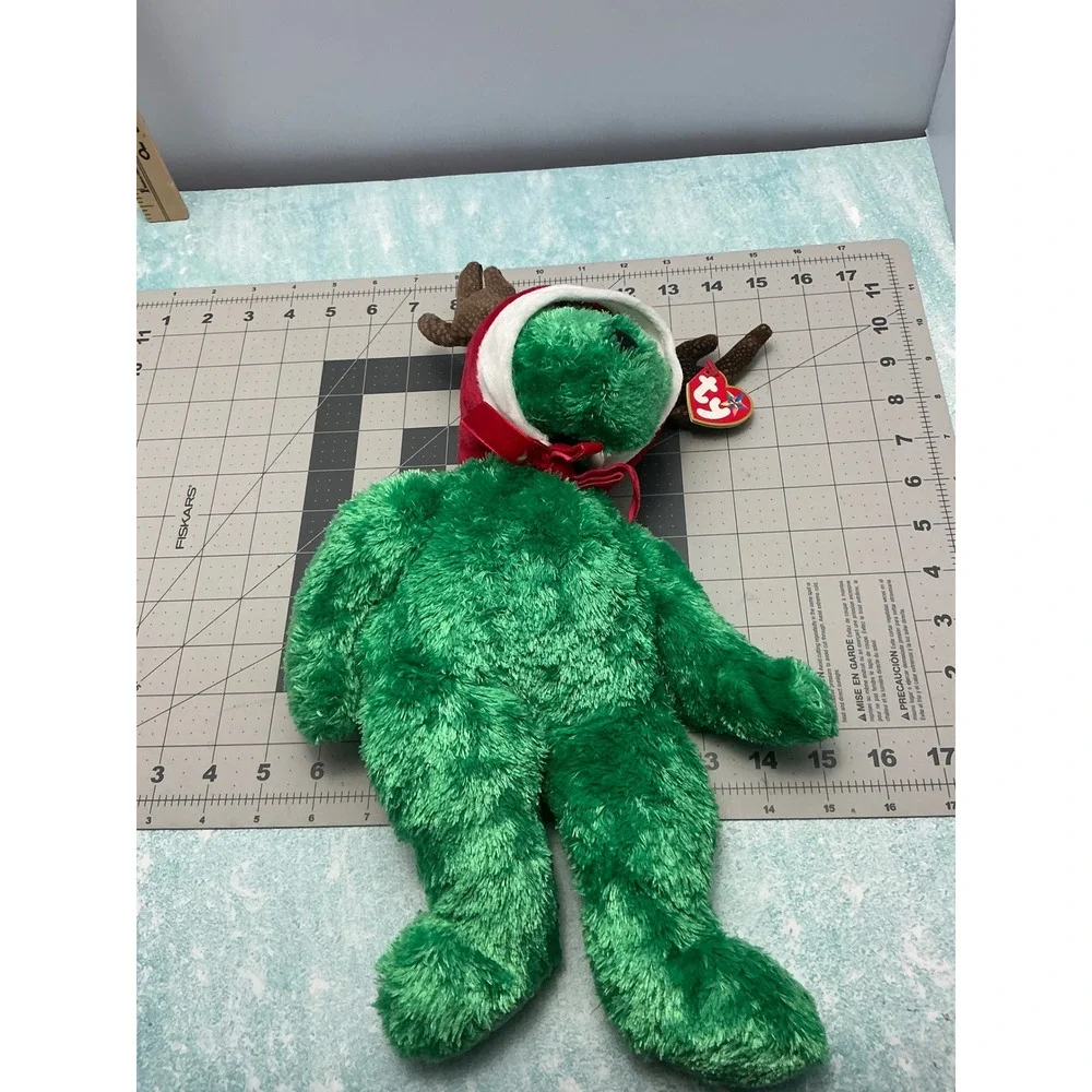 Ty Beanie Buddy Seasons the Bear Green Christmas Plush Santa Hat Antlers 2002‎